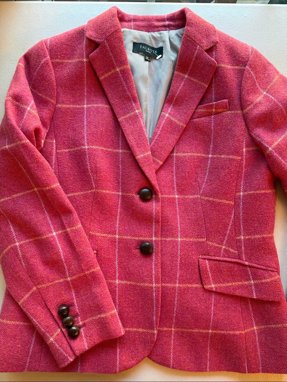 Talbots Pink Shetland Windowpane Wool-Blend Blazer 12 Petite Classic Preppy - Picture 13 of 16